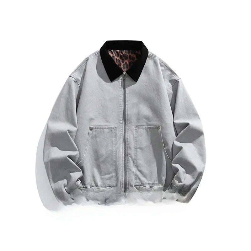 HEARUJOY  -  Men's Jacket Men's Workwear Collared Outerwear Vintage Pure Cotton Leopard Print Detroit Jacket Mens Leather Bomber Jacket Denim