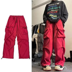 Hearujoy Baggy Cargo Pants for Men Red Black Gray Straight Trousers Male Vintage Hip Hop Streetwear Classic Style