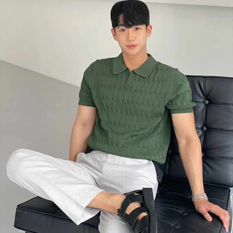 HEARUJOY  -  Summer Clothing Men's Light Luxury Knitted Jacquard Polo Shirt V-Neck Solid Color Short-sleeved Korean Popular Leisure Knitwear