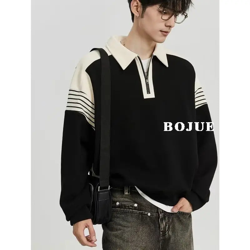 Hearujoy Newly Designed Spliced Sweater for Men with Loose Collar and Zipper Men's Premium Polo Top for Men