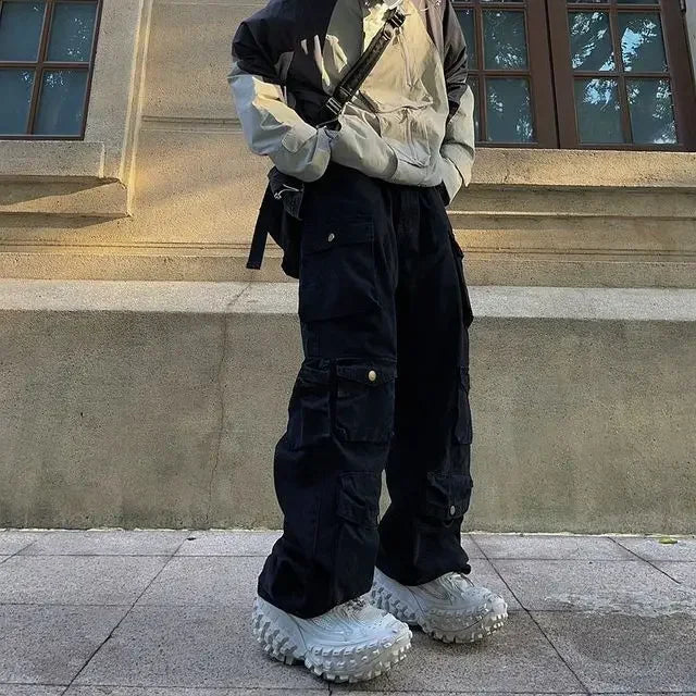 Hearujoy Harajuku Retro Solid Multi Pocket Wide Leg Cargo Pants Functional High Waist Pants Style Hip-Hop Straight Trousers Women Jeans