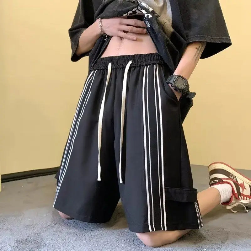 HEARUJOY  -  Fashionable Side Striped Sports Shorts Men's Loose Mid-trousers Handsome Straight Five-point Pants