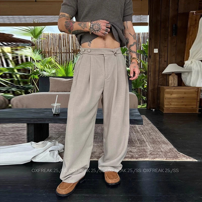 HEARUJOY  -  New Retro Fashion Men Suit Pants Light Luxury Draped Baggy Belt Button-down Solid Color Straight Trousers Elegant Dress Pants