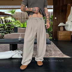 HEARUJOY  -  New Retro Fashion Men Suit Pants Light Luxury Draped Baggy Belt Button-down Solid Color Straight Trousers Elegant Dress Pants