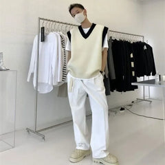 HEARUJOY  -  White Striped Knitted Sweaters For Men Vest V Neck Man Clothes Sleeveless Waistcoat Thick Winter Old Cotton Wholesale Sale S