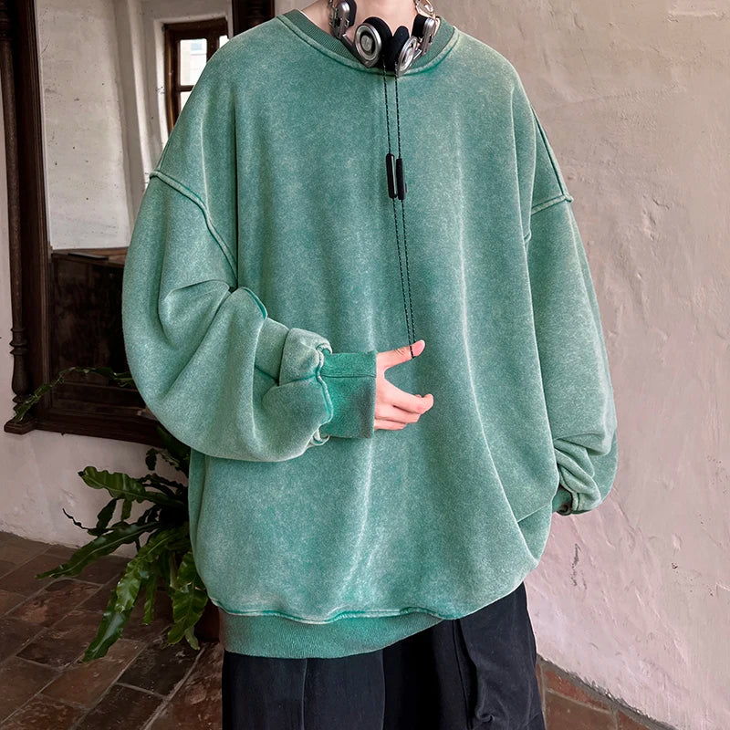 HEARUJOY  -  American Washed Old Pullovers Sweatshirts Men Loose Solid Color 2025 Autumn Large Size Warm O Neck Tops Hip Hop Y2k Sweatshirt