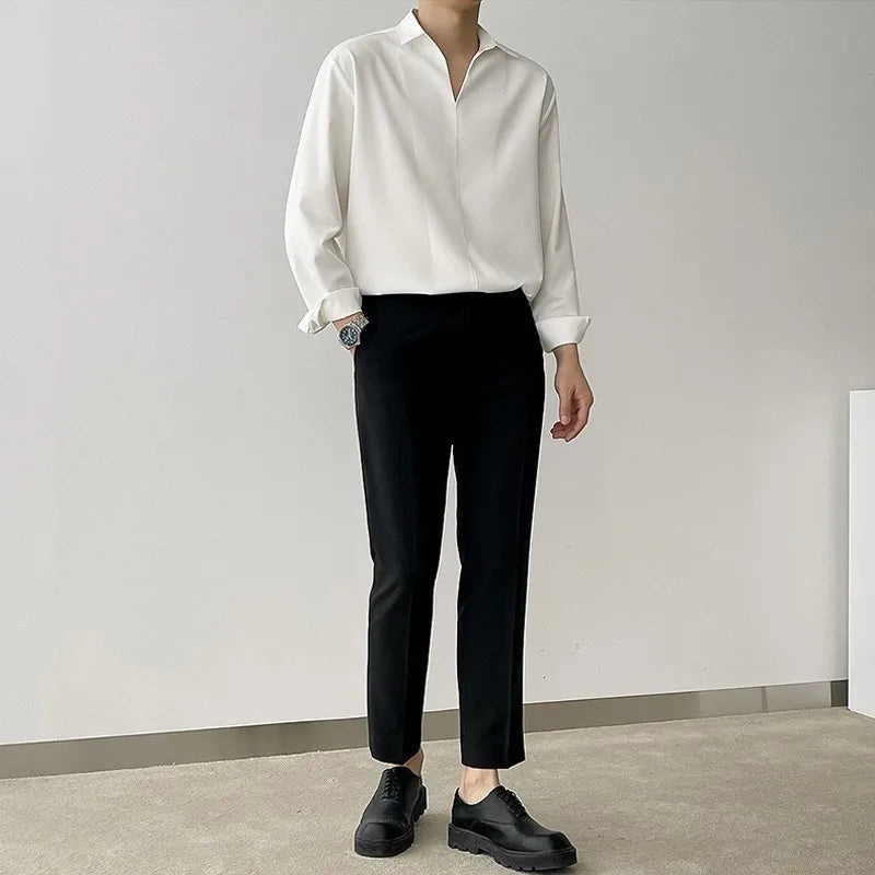 HEARUJOY  -  Men's Luxury V Neck Pullover Shirts Casual Solid Color Korean Fashion Clothes Long Sleeve High Quality Tops Spring 2025 New