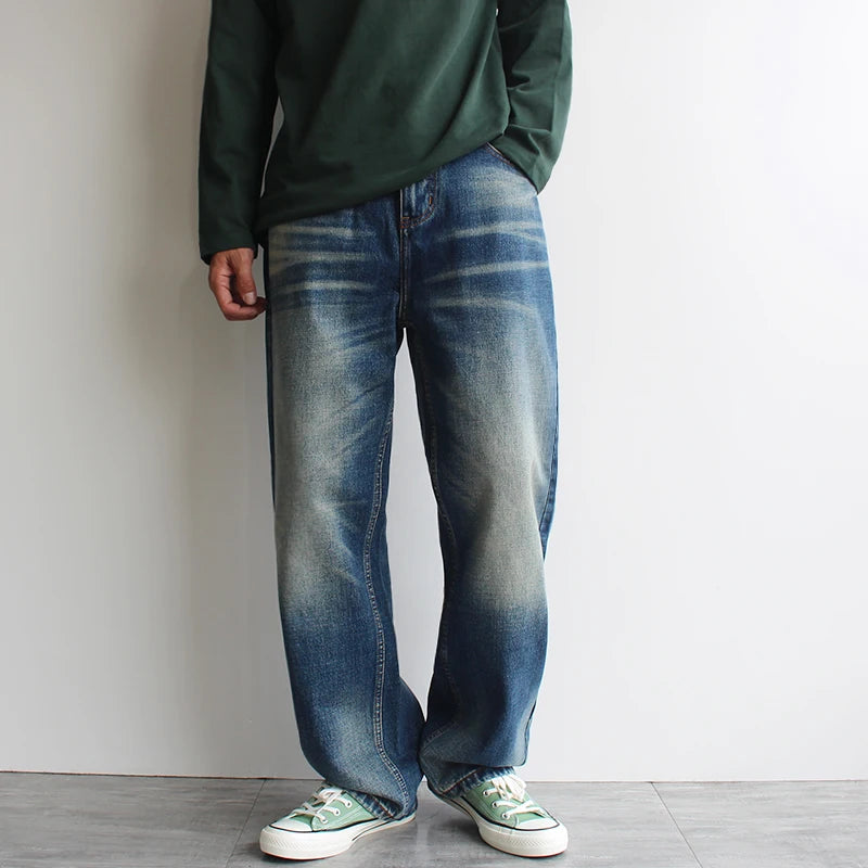 HEARUJOY  -  Autumn Winter American-style Blue Jeans for Men Straight Leg Thick Warm Wide-Leg Loose Fit Trendy Casual Washed Denim Pants