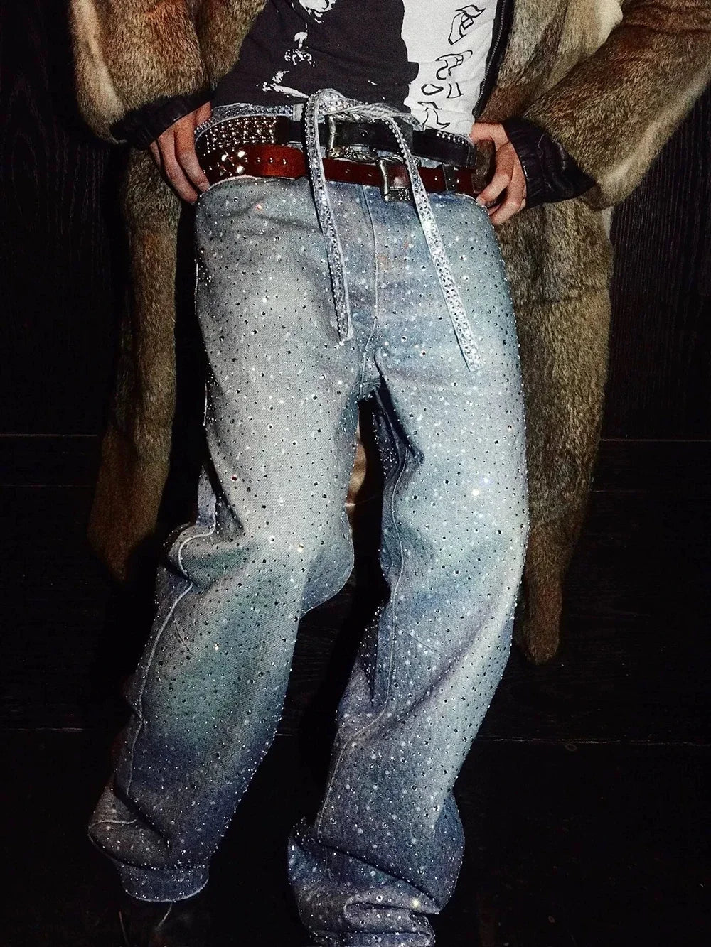 Hearujoy Full Rhinestone Print Washed Blue Baggy Jeans Mens and Women Ropa Hombre Streetwear Solid Casual Denim Trousers Loose Cargos