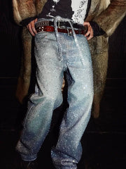 Hearujoy Full Rhinestone Print Washed Blue Baggy Jeans Mens and Women Ropa Hombre Streetwear Solid Casual Denim Trousers Loose Cargos