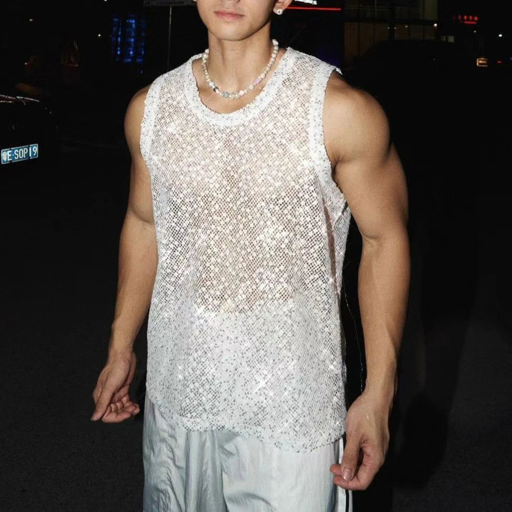HEARUJOY  -  Mens Vest Mesh Sequins Sexy Nightclub Tank Top Summer Fashion Hollow Stage Performance Sleeveless Top Men'S Clothing 2025 New