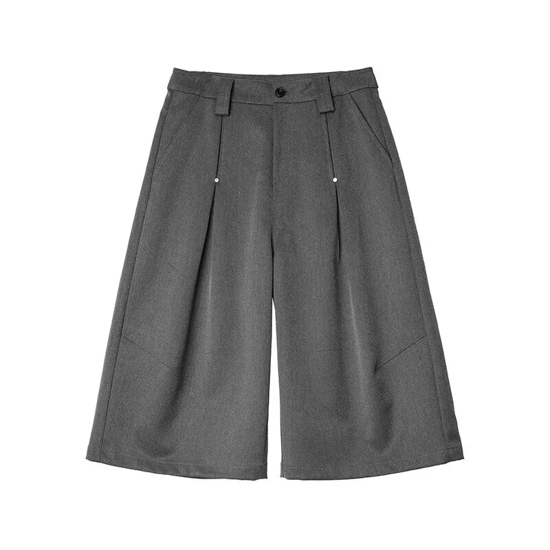 HEARUJOY  -  Korean Style Men Casual Shorts Solid Color Pleated Design Metal Design Cropped Trousers Cleanfit Male Bottom Simple