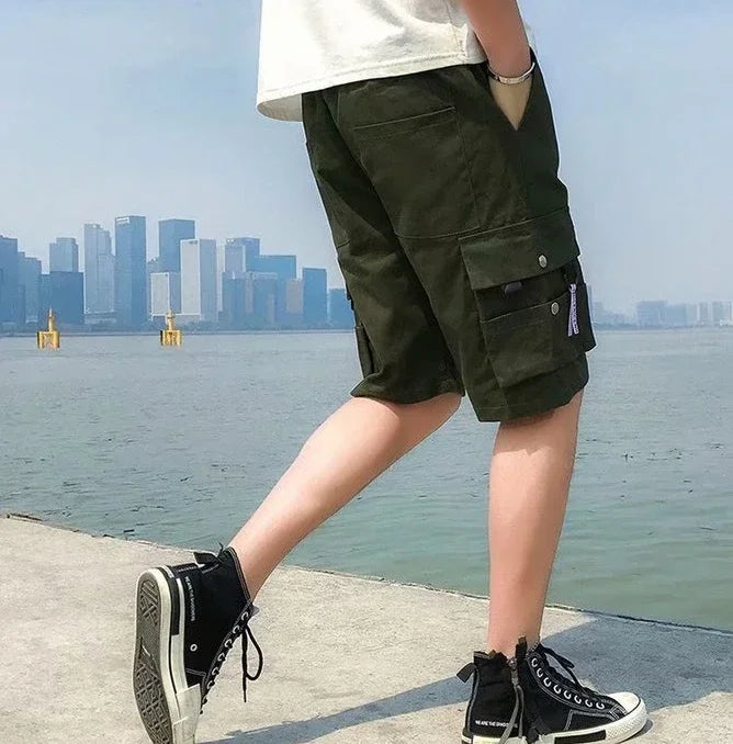 HEARUJOY  -  Oversize Wide Multi Pocket Loose Baggy Short Pants for Men Solid Big Size Elastic Waist Mens Cargo Shorts Hevy Whate Cotton Tall