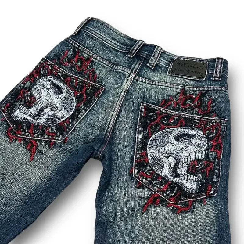 Hearujoy Goth Hip Hop Oversized Skull Embroidery Pattern Y2k Baggy Jeans New Men and Women Straight Black Jeans Retro Casual Denim Pants