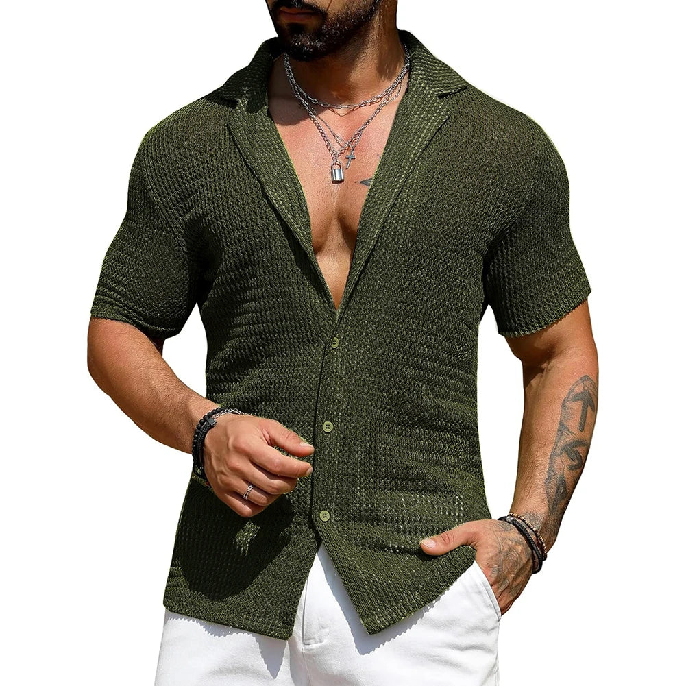 HEARUJOY  -  Top Men\'s Shirt Men's Shirt Fashion Streetwear Tops Hollow Out Knitted Men Sexy Beach Shirts Breathable Hot New
