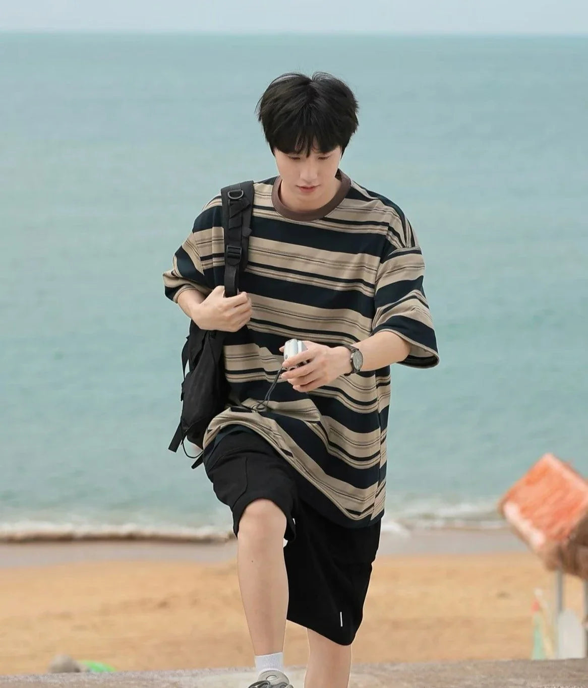 HEARUJOY  -  Striped Top Man Tee Shirts Loose T Shirt for Men Kpop Original Luxury High Quality Cheap Clothes Casual New in Harajuku Funny