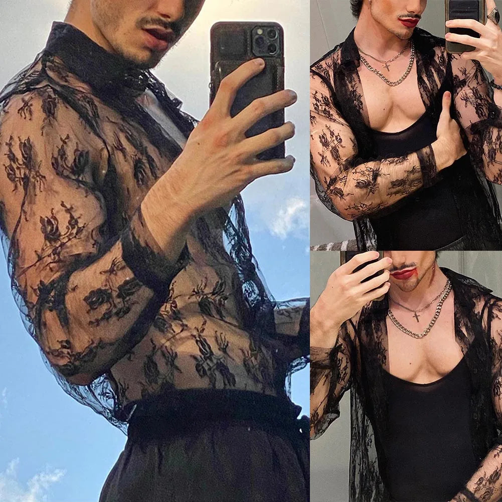 HEARUJOY  -  Mens esh Tops See Through Long Sleeve Floral Clubwear Party Tee Blouse Polyester Black Fit M~2XL Casual Button Down Shirts