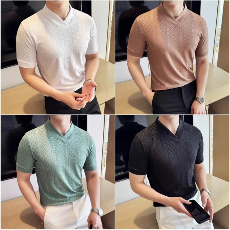 HEARUJOY  -  Men's Slim V-Neck Spring Summer Stretch Knit Top  Geometric Texture, Breathable Layering Base for Casual & Smart-Casual Outfits