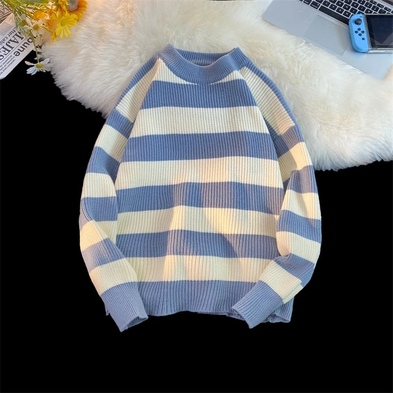 HEARUJOY  -  Men's Winter Sweater Harajuku Fashion Striped Sweter Oversize Pullover Warm Knitted Sweater Men's Clothing