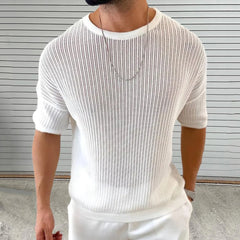 HEARUJOY  -  Summer New Men's Solid Color Knitted Hollow Short-Sleeved T-Shirt Retro Fashion Trend Casual Simple Daily Breathable Men's Tops