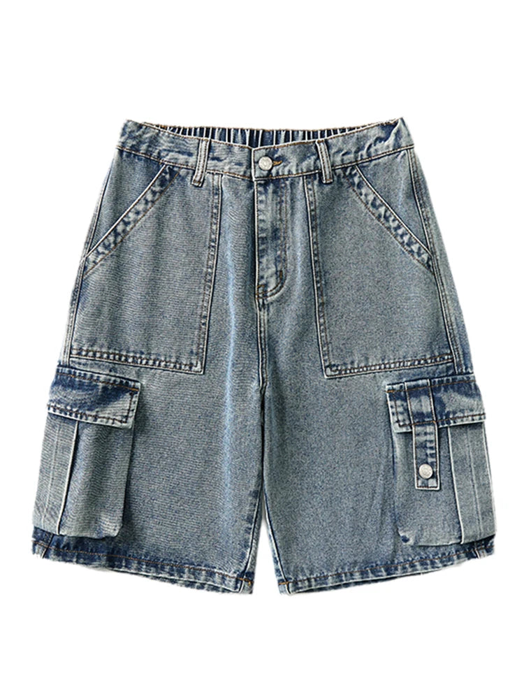 HEARUJOY  -  Summer Denim Cargo Shorts Men Flap Pockets Wide Leg Baggy Jeans Shorts Big Size 8XL 7XL 6XL Loose Fit Straight Jean Short Male