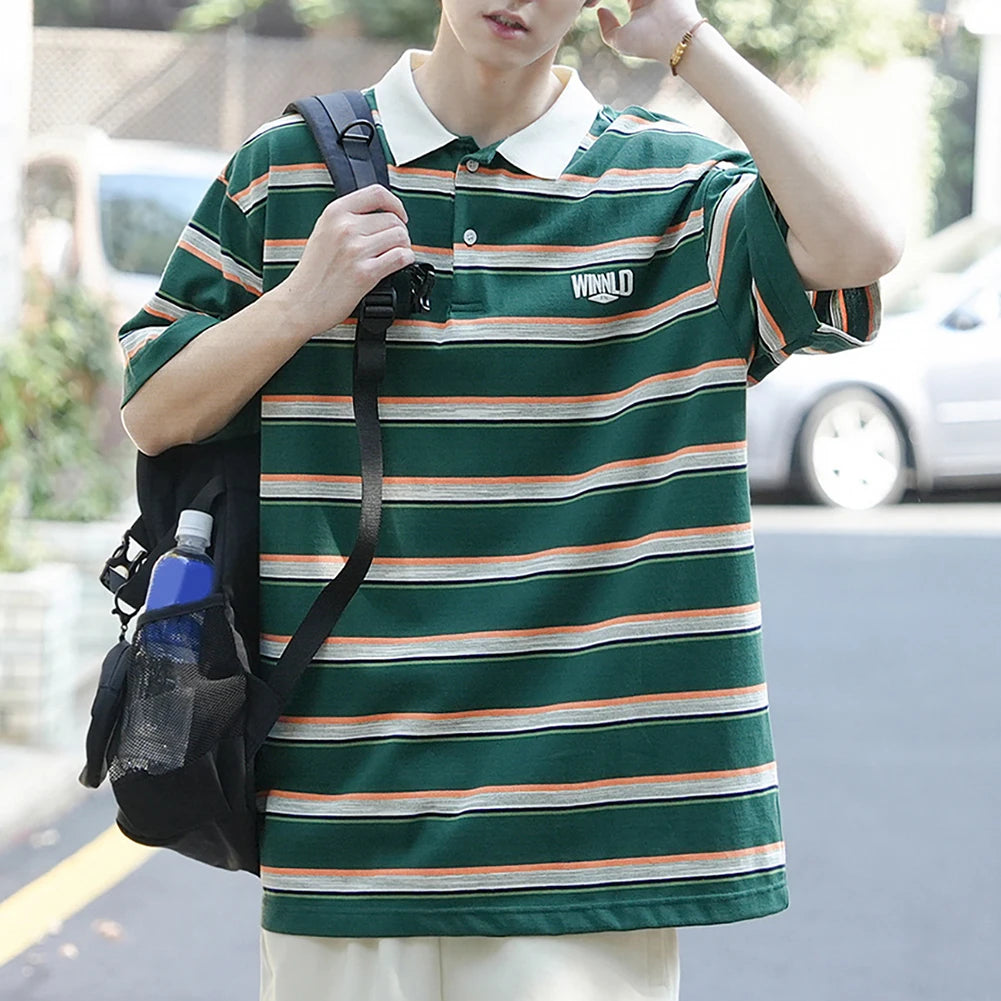 HEARUJOY  -  Casual Summer 2XL Mens Summer T-Shirts Casual Striped Short Sleeve Shirts Vintage Short Sleeve Tops Lapel Neckline