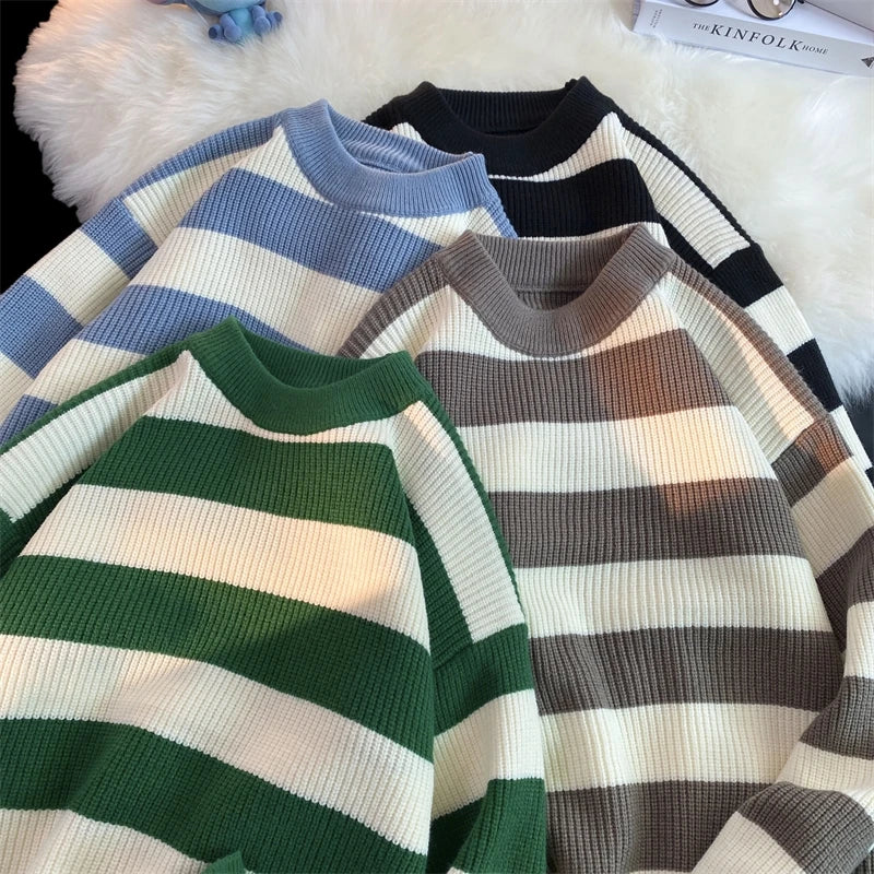 HEARUJOY  -  Men's Winter Sweater Harajuku Fashion Striped Sweter Oversize Pullover Warm Knitted Sweater Men's Clothing