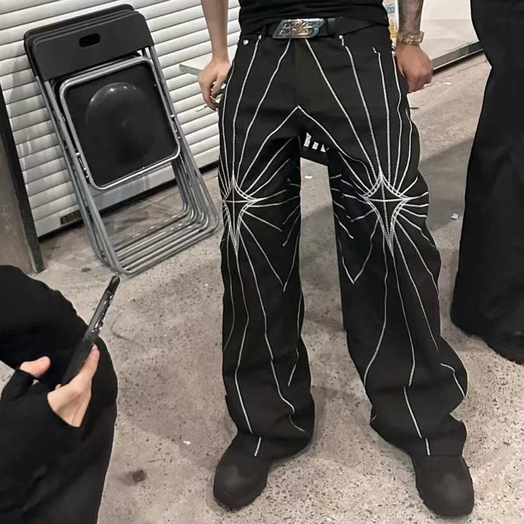 Hearujoy Streetwear Spider Web Embrodiery Black Jeans for Men and Women Straight Ropa Hombre Baggy Denim Trousers Loose Cargo pants