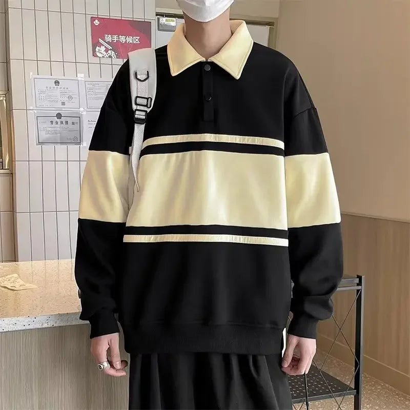 HEARUJOY  -  Men Polo Collar Sweatshirts Spring Autumn Vintage Striped Patchwork Pullover Tops Casual Loose Hoodies Male Harajuku Streetwear