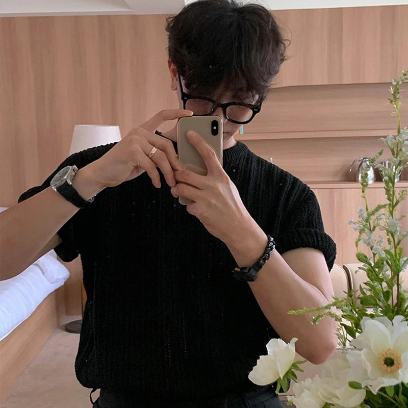 Hearujoy Men's Clothing Light Luxury Hollow Out O Neck Knit T Shirt Leisure Solid Color Short Sleeve Korean Popular Retro Knitwear M-2XL