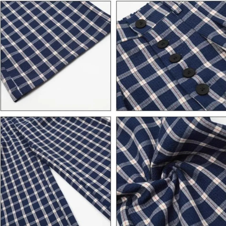 HEARUJOY  -  Blue Checkered Straight Leg Pants Mens Retro Trendy Loose Couple Casual Trousers Multiple Buckles College Pantalones Hombre