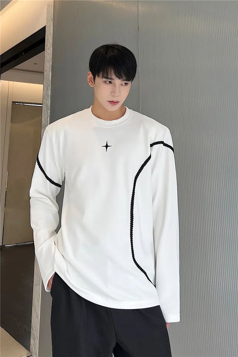 Hearujoy harajuku Spring Autumn Men Clothing Long Sleeve Embroidery Shoulder Pad T-shirt Round Collar Casual T Shirts Tops For Male