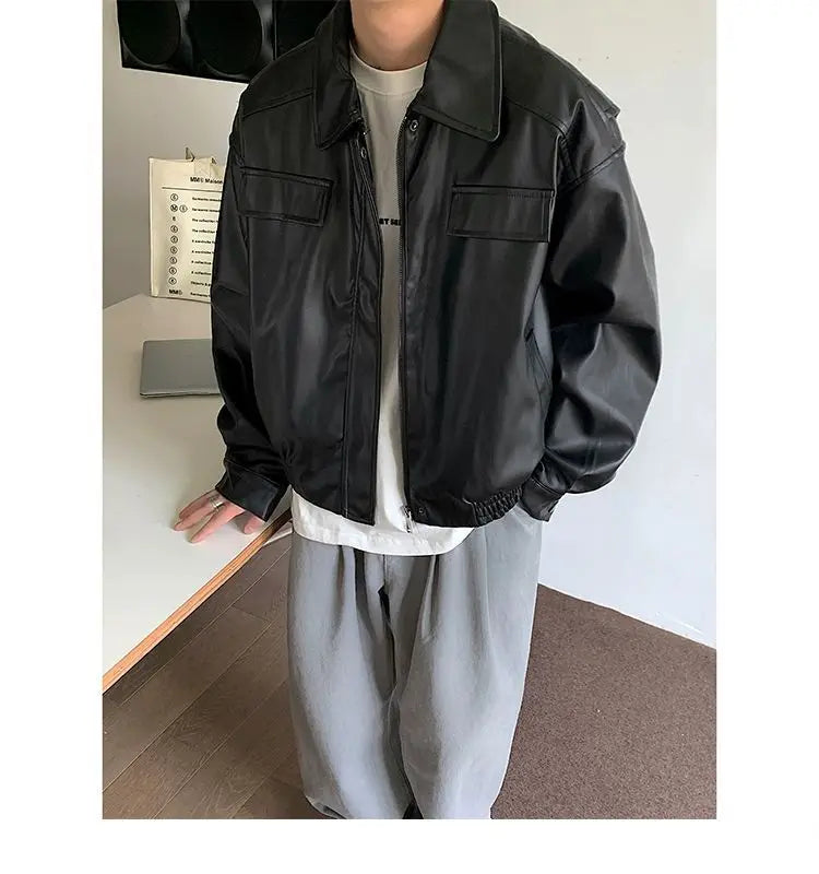 HEARUJOY  -  Men's Casual Texture PU Leather Jacket High Street Zippers Turn-down Collar Long Sleeve Retro Coat with Pocket Spring Autumn