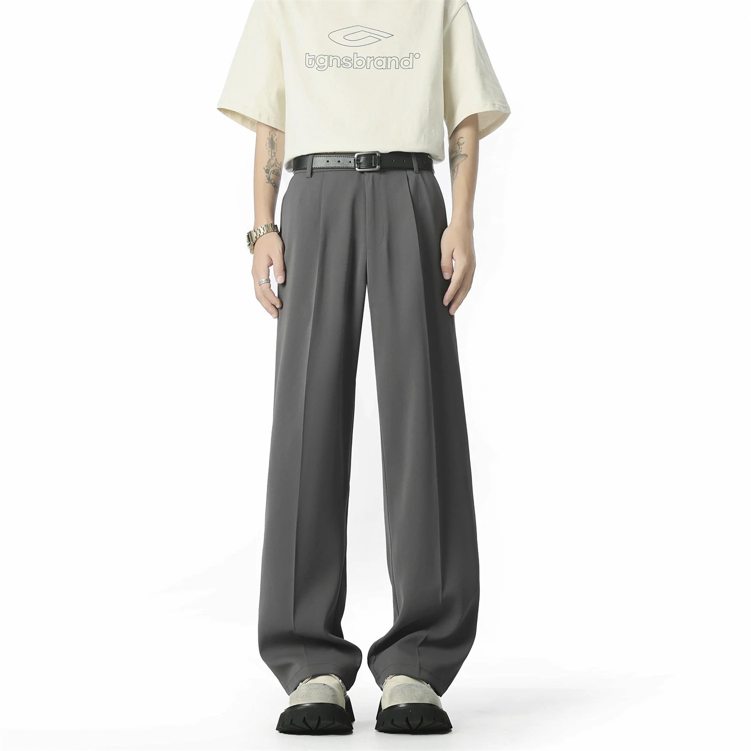 HEARUJOY  -  Men's Straight Baggy Casual Pants Korean Slit Personality Suit Trousers Fashion Formal Business Male Streetwear Gray Black