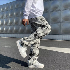 Hearujoy Mens Fashion Printed jeans Spring Mopping Trousers Jeans Korean Style High Street Loose Hip Hop Wide-leg Jean Pants