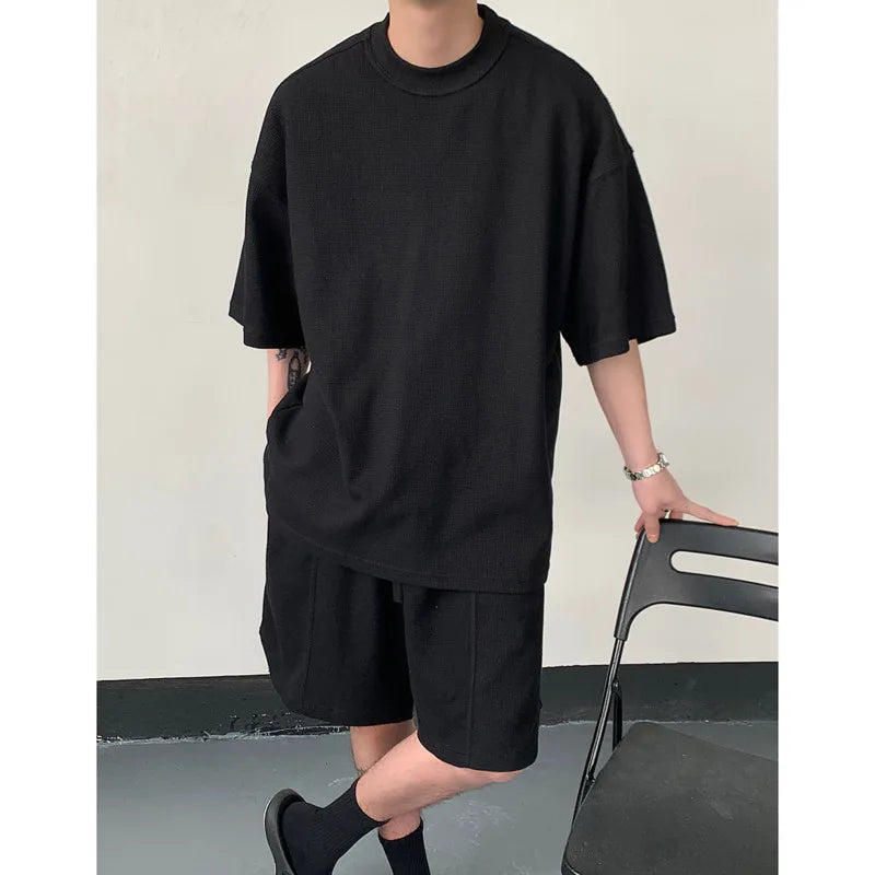 Hearujoy Summer Set Men Fashion Black Green Sports Set Men Streetwear Korean Loose Short Sleeved T-shirts Shorts Set Mens Short Sets