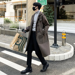 Hearujoy Korean-style Woolen Trench Men Horn Button Casual Long Windbreaker Winter Hooded Jacket Coats Fashion Trenchcoat