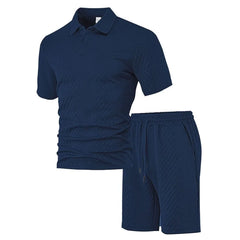 HEARUJOY  -  Men's Summer New Jacquard Casual Sport Thin Lapel POLO Shirt Short-sleeved and Short-shorts Set