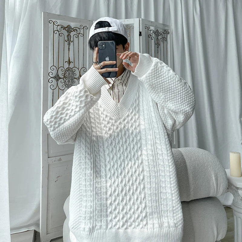 Hearujoy Winter Sweater Men Warm Oversized Casual Knitted Pullover Men Korean Loose V-neck Long Sleeved Sweater Mens Jumper Clothes