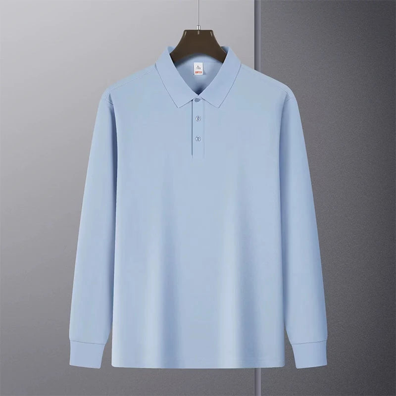 HEARUJOY  -  New American Retro Men Polo Shirt Light Luxury Solid Color Slim-fit Commuting Long Sleeve T-shirt Leisure Business Pullover Tops