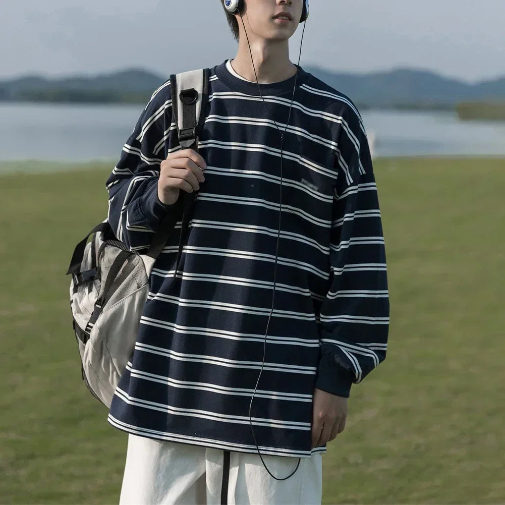 HEARUJOY  -  Casual Stripe Top Korean Style T-shirt Stripe Pattern Brand New Condition For Casual Wear Men Korean Style T-shirt