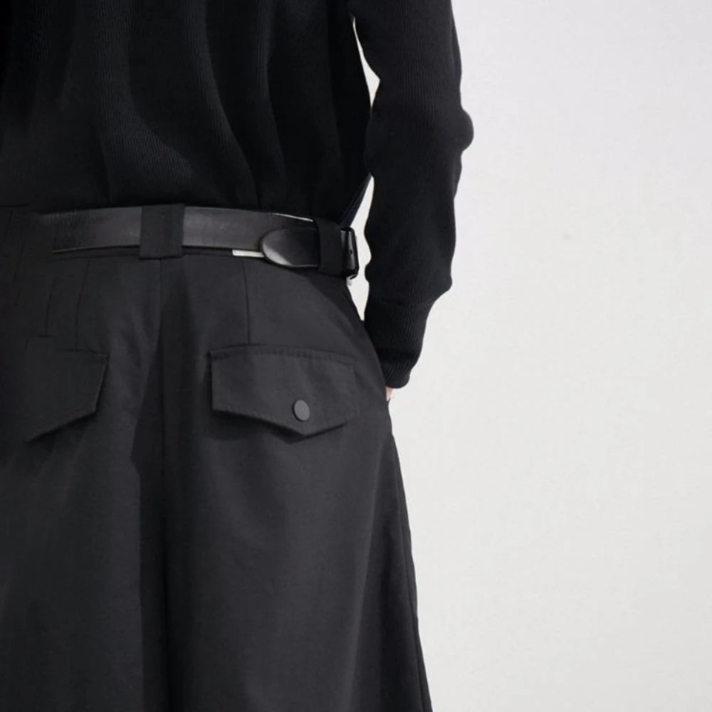 Hearujoy Mens Dark Style Casual Solid Color Culottes Genderless Fashion Youth Trend Street Loose Cropped Wide Leg Trousers Unisex