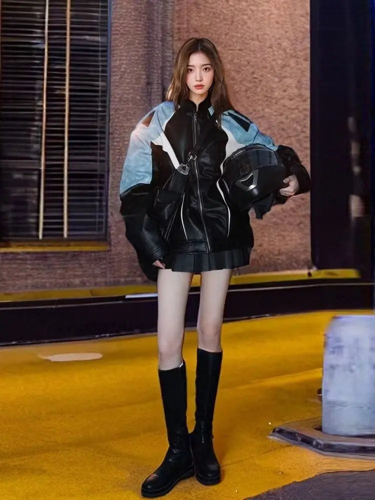 HEARUJOY  -  Men's Motorcycle Leather Jacket Color Block Racing PU Leather Coat Women Spring New Zip Up Stand Collar Hip Hop Street Outwear