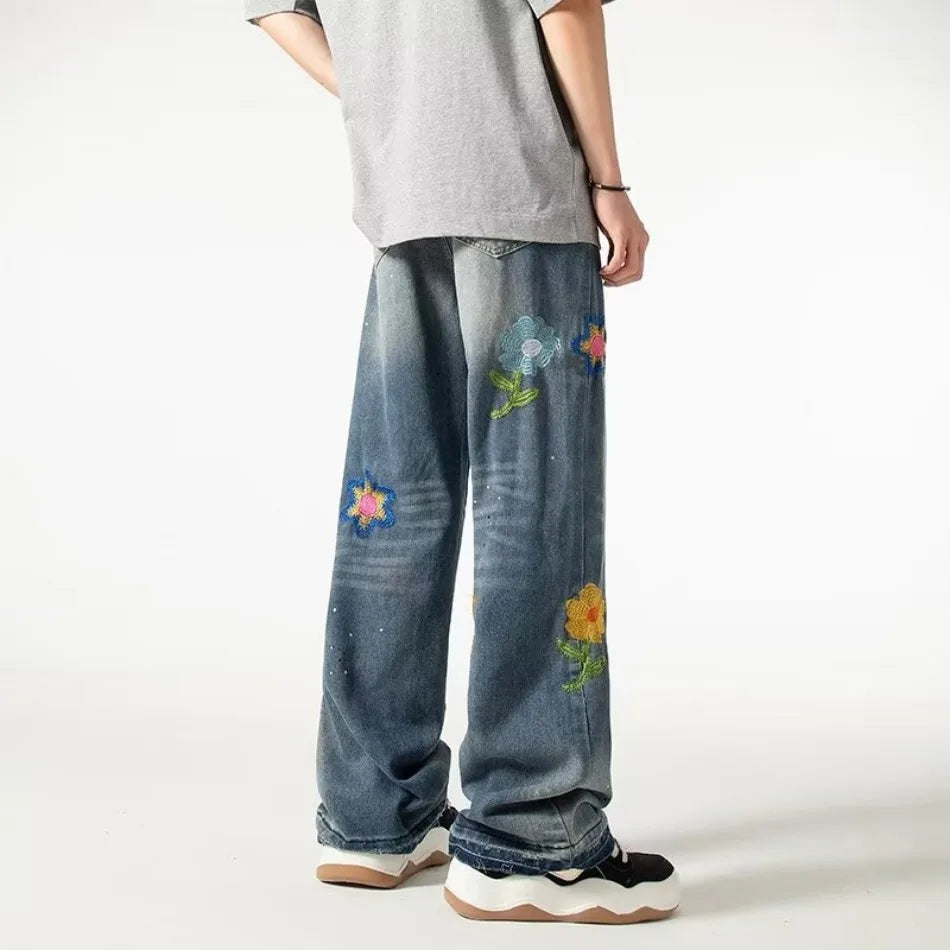 HEARUJOY  -  Street American Micro Flared Jeans Mens Petal Embroidery Washed Cowboy Pants Straight Tube Burr Edge Hip Hop Denim Trousers