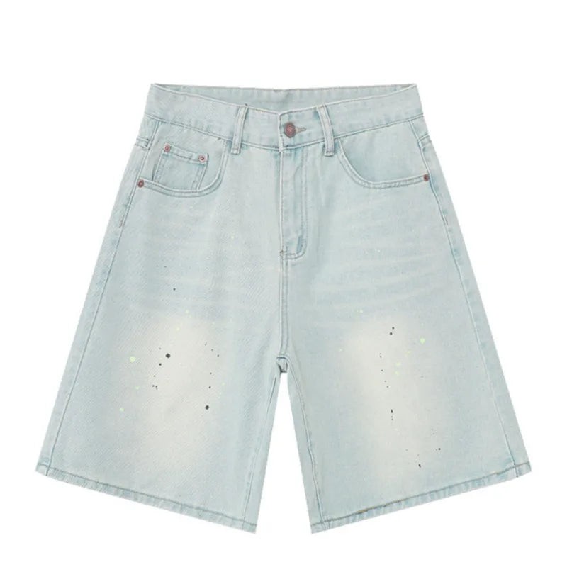 Hearujoy Men's Jeans Knee-length Summer Fashion American Style Speckled Ink Design Loose Wide Leg Denim Shorts 9C6094