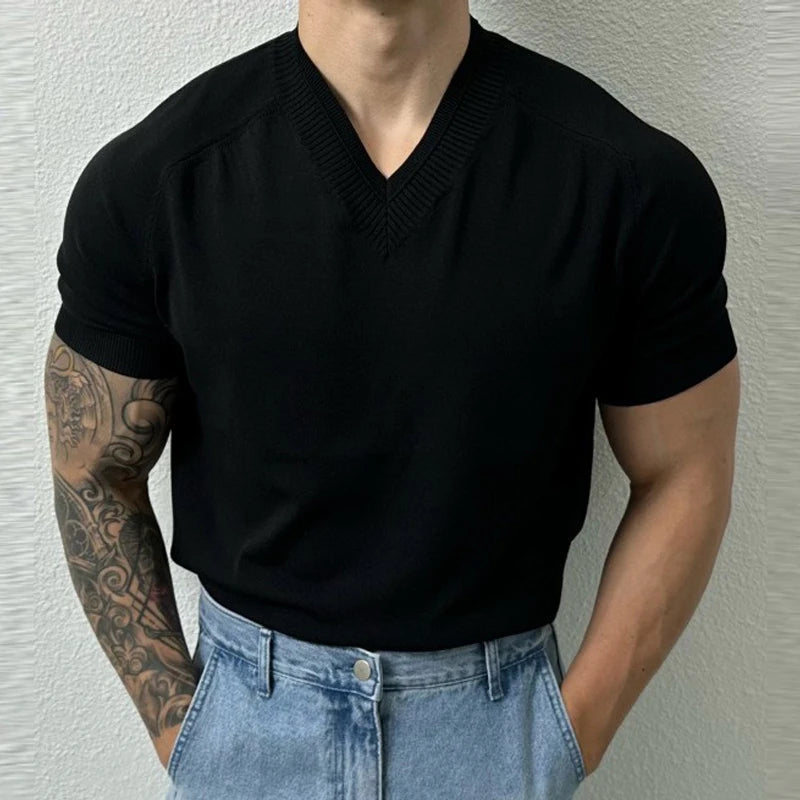 HEARUJOY  -  Men's Clothing Light Luxury Knit V Neck Short-sleeved T Shirt Solid Color Leisure Korean Popular Streetwear Retro Knitwear M-3XL