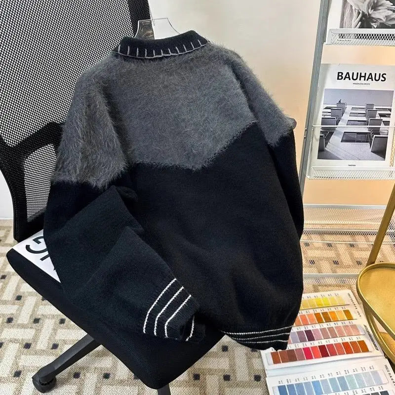 HEARUJOY  -  Korean Contrasting Color Splicing Cardigan Lapel Sweater Men and Women Trendy Niche Loose Warm Sweater