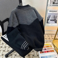 HEARUJOY  -  Korean Contrasting Color Splicing Cardigan Lapel Sweater Men and Women Trendy Niche Loose Warm Sweater
