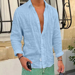 HEARUJOY  -  Men Seaside Beach Vintage Solid Cardigans Top Spring New Casual Linen Shirts Mens Long Sleeve Button-up Turn-down Collar Shirt