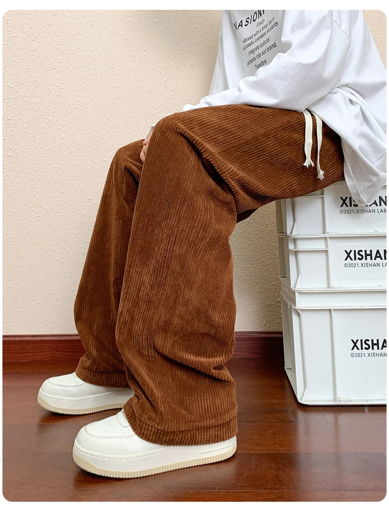 HEARUJOY  -  Autumn Loose Corduroy Pants Men Casual Baggy Pleated Pants Straight Joggers Design Wide Leg Trousers American Sensual Pants Men